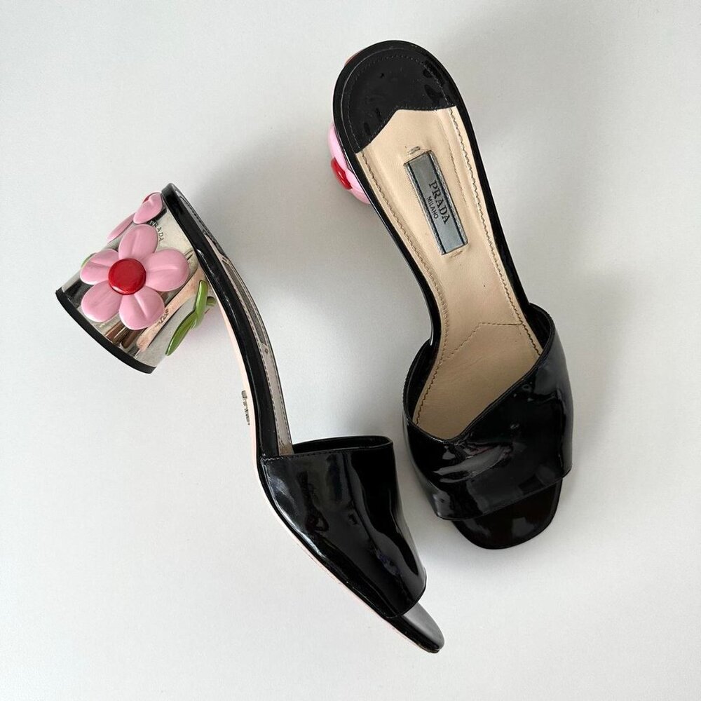Like New: Vintage Prada Mules Pink Flower Black Patent Leather Sandal Heels